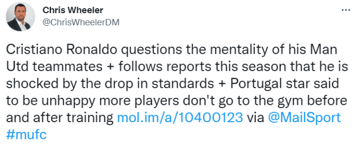 记者：大部分曼联球员不会加练，让C罗不解